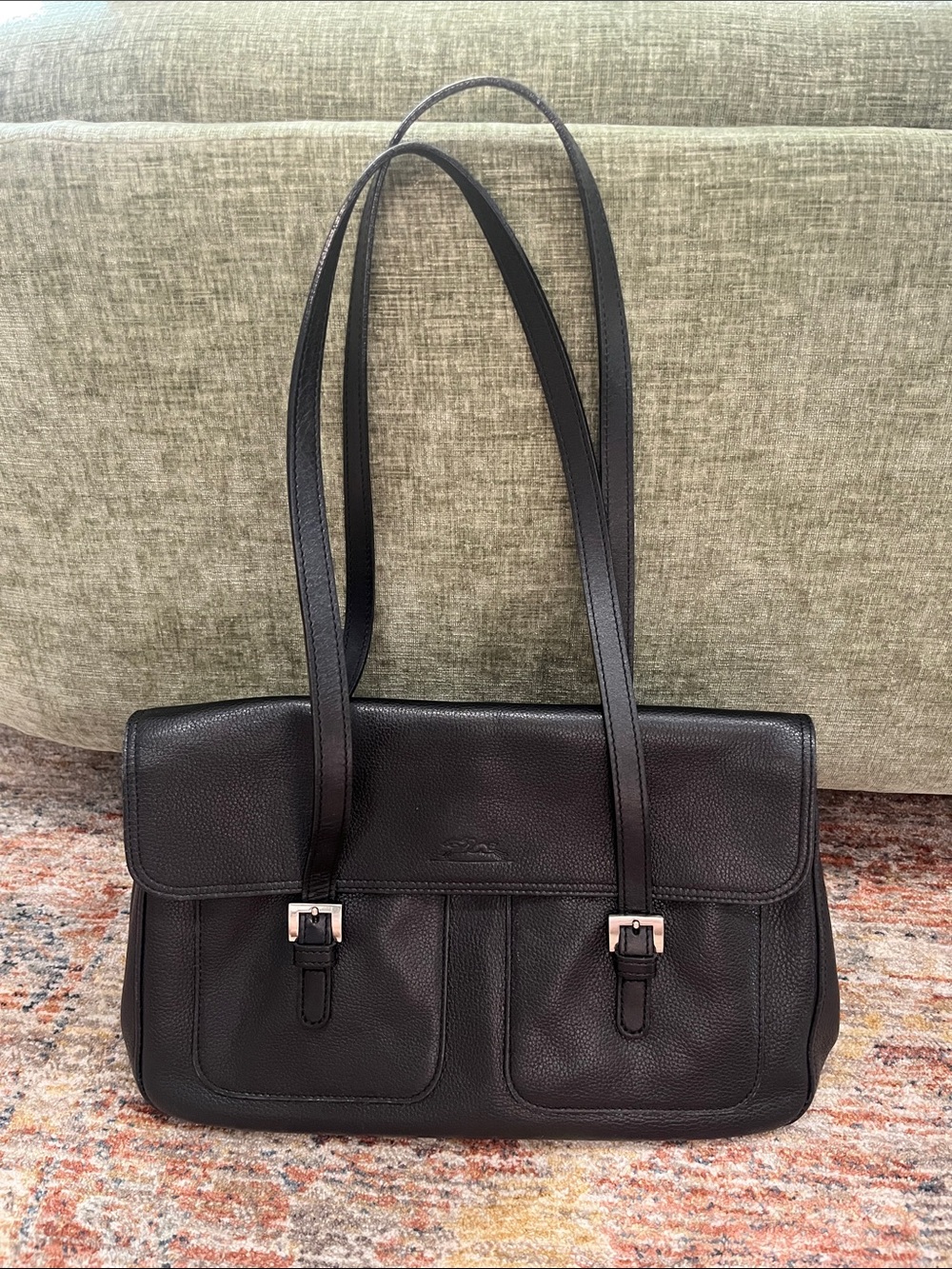 Longchamp Black Leather Shoulder Bag with Dual Front Pockets
